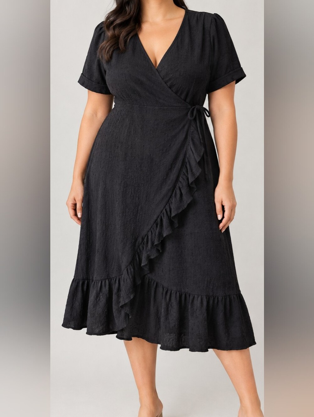 Addition Elle Black Wrap Midi Dress with Ruffle Hem